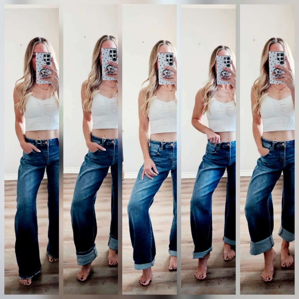 RISEN Mid Rise Dark Wash Barrel Jeans Double Roll Cuffed Full Length Various NEW - Picture 15 of 15